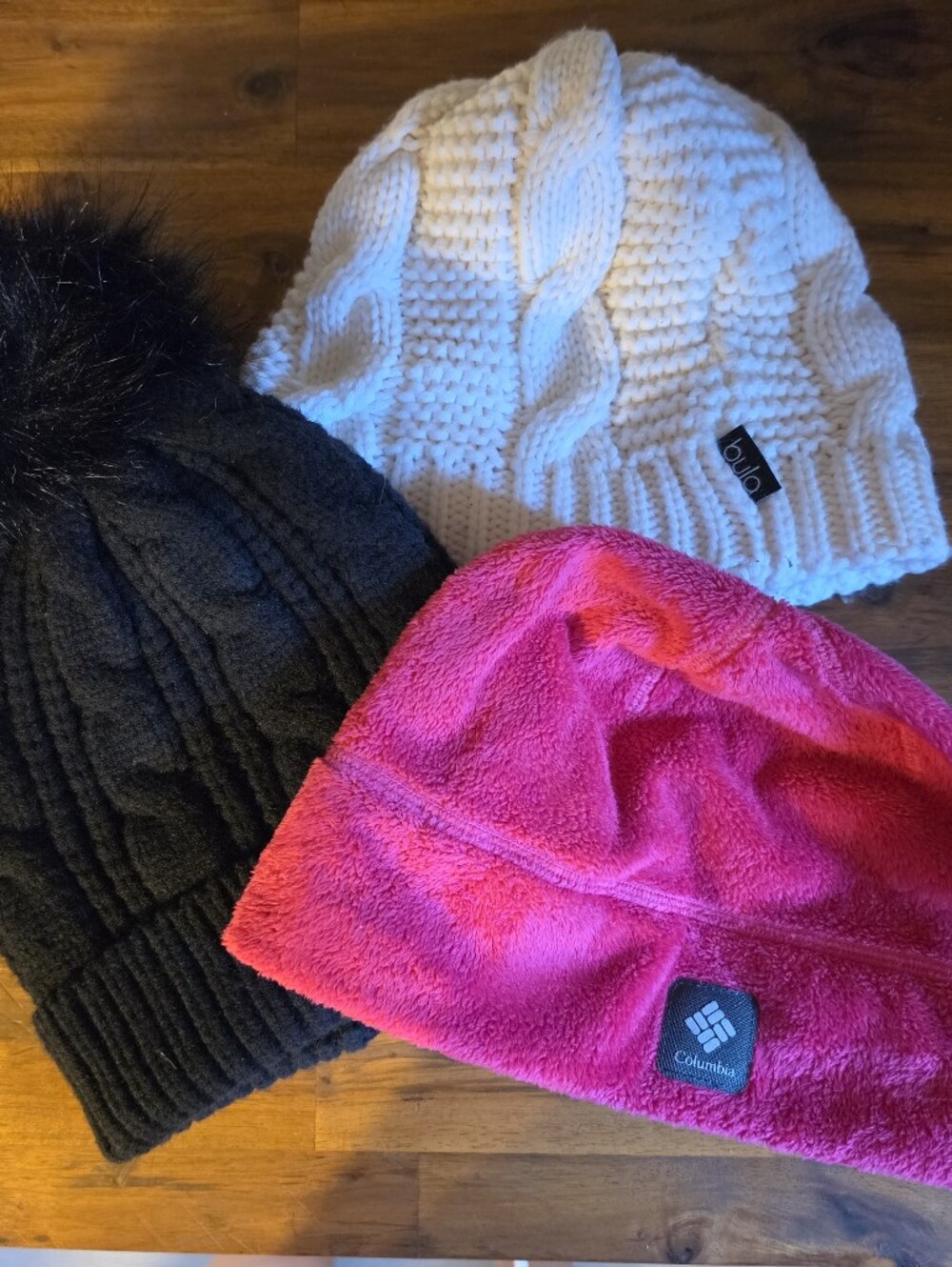 Winter Hat Bundle Columbia Pink Fleece Beanie with Black and White Bula Knit Hat